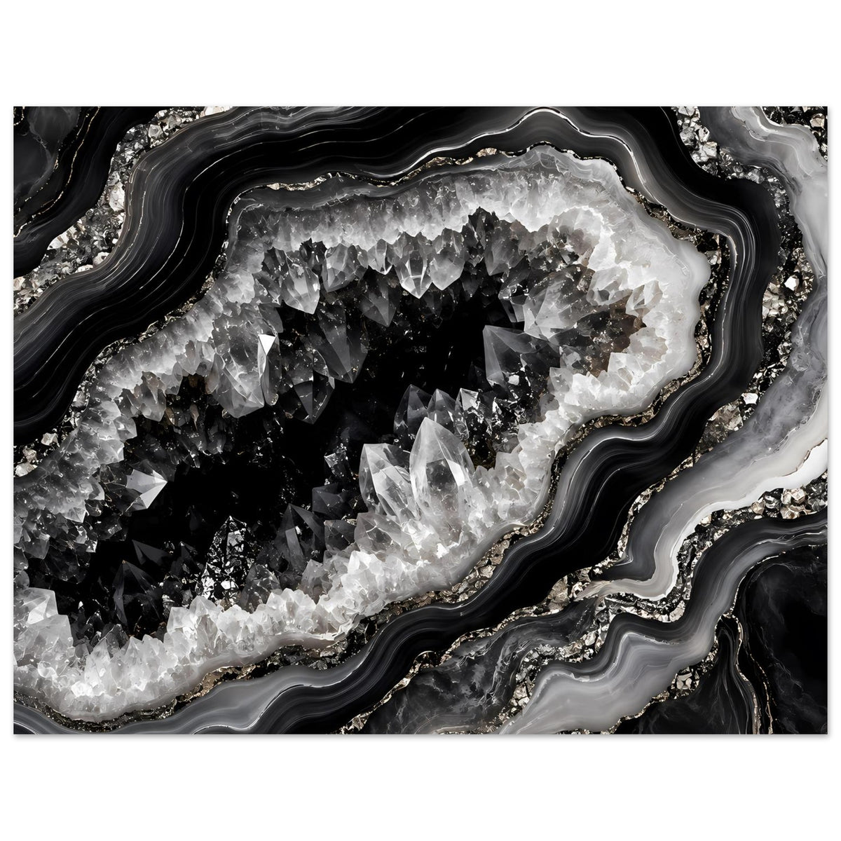 Geoden-Wandposter: mittlerer Ausschnitt der Schwarz-Weiß-Kristalle mit silbrigem Schimmer