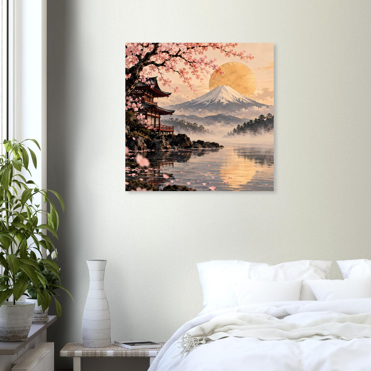 Wandposter mit Kirschblüten und Berg Fuji über spiegelndem See