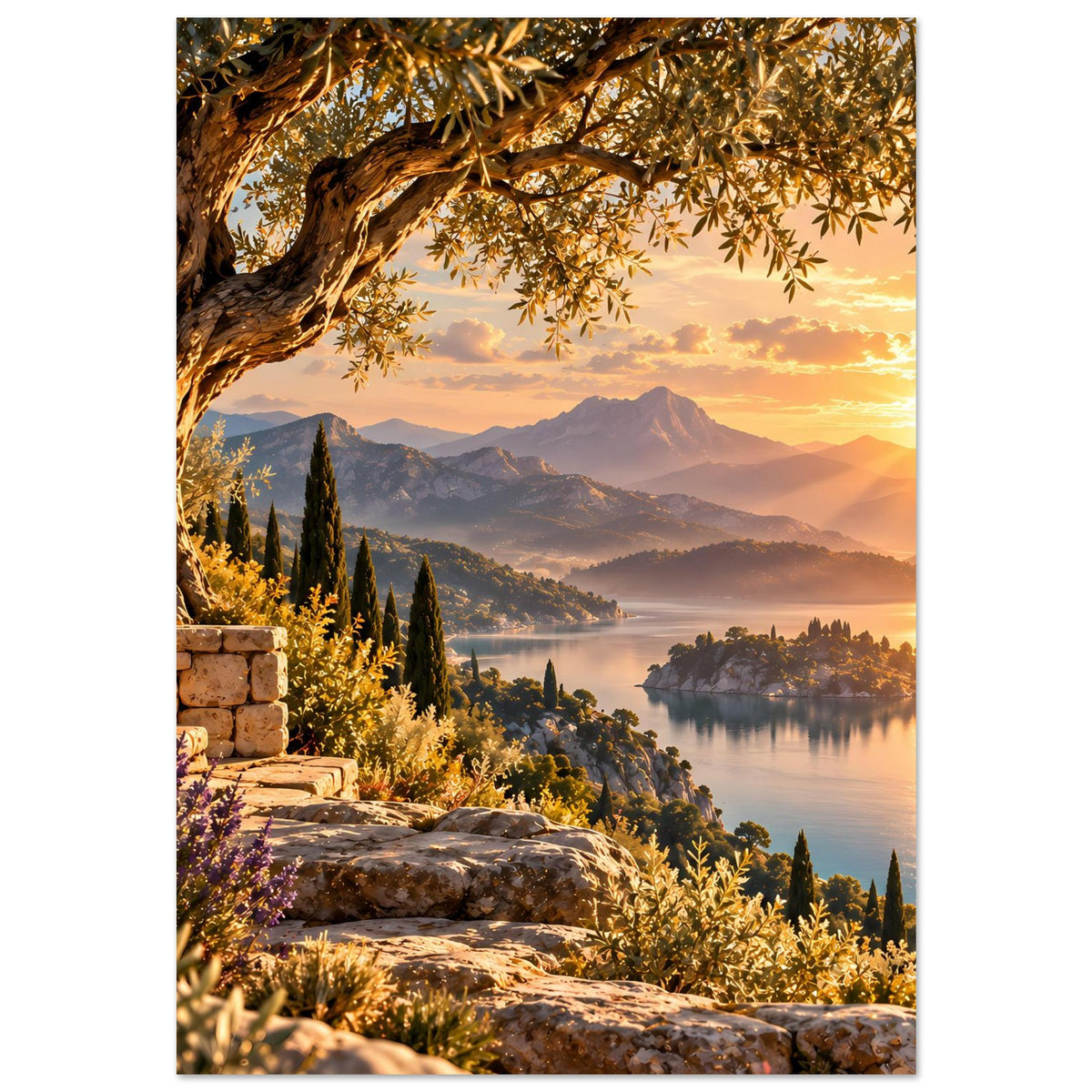 Hochformat-Poster mit Sonnenuntergang über Berglandschaft, Olivenzweigen und Felsweg am Ufer
