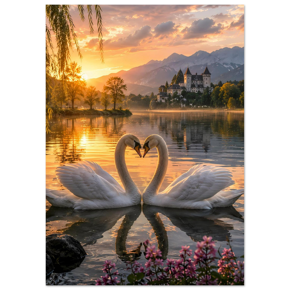 Poster: zwei Schwäne bilden ein Herz, warmes Abendlicht am See, Blumen unten sichtbar