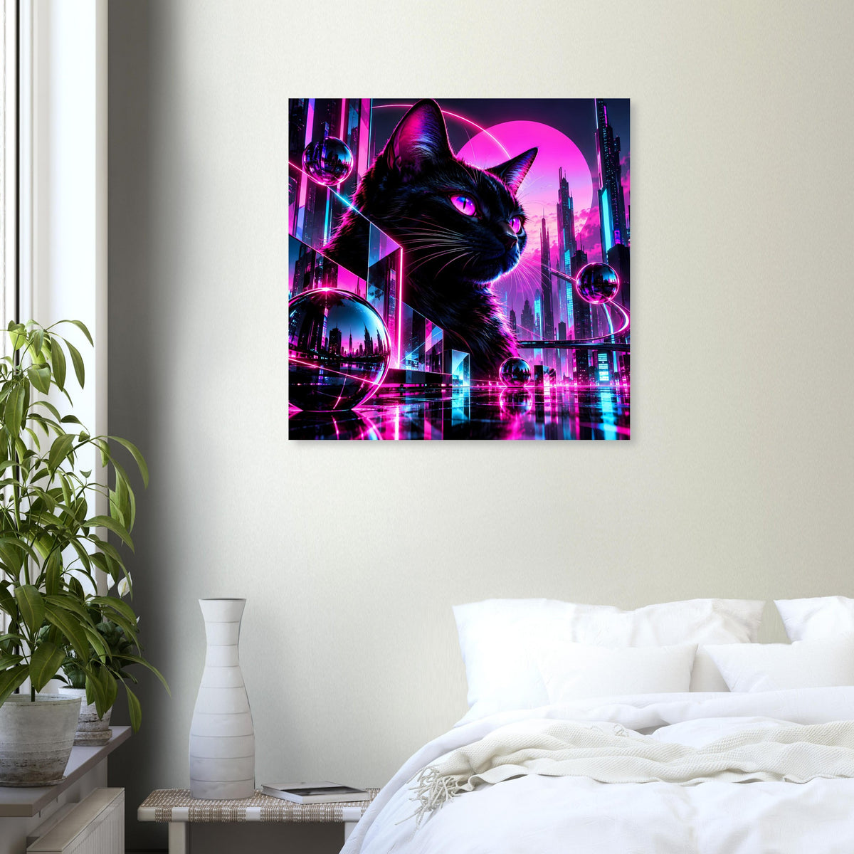 Wandposter mit schwarzer Neon-Katze, magenta Skyline und spiegelnden Lichtlinien