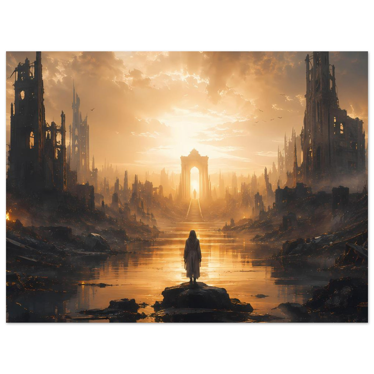 Horizontales Poster mit apokalyptischer Stadt, Fluss und einsamer Gestalt im Sonnenuntergang