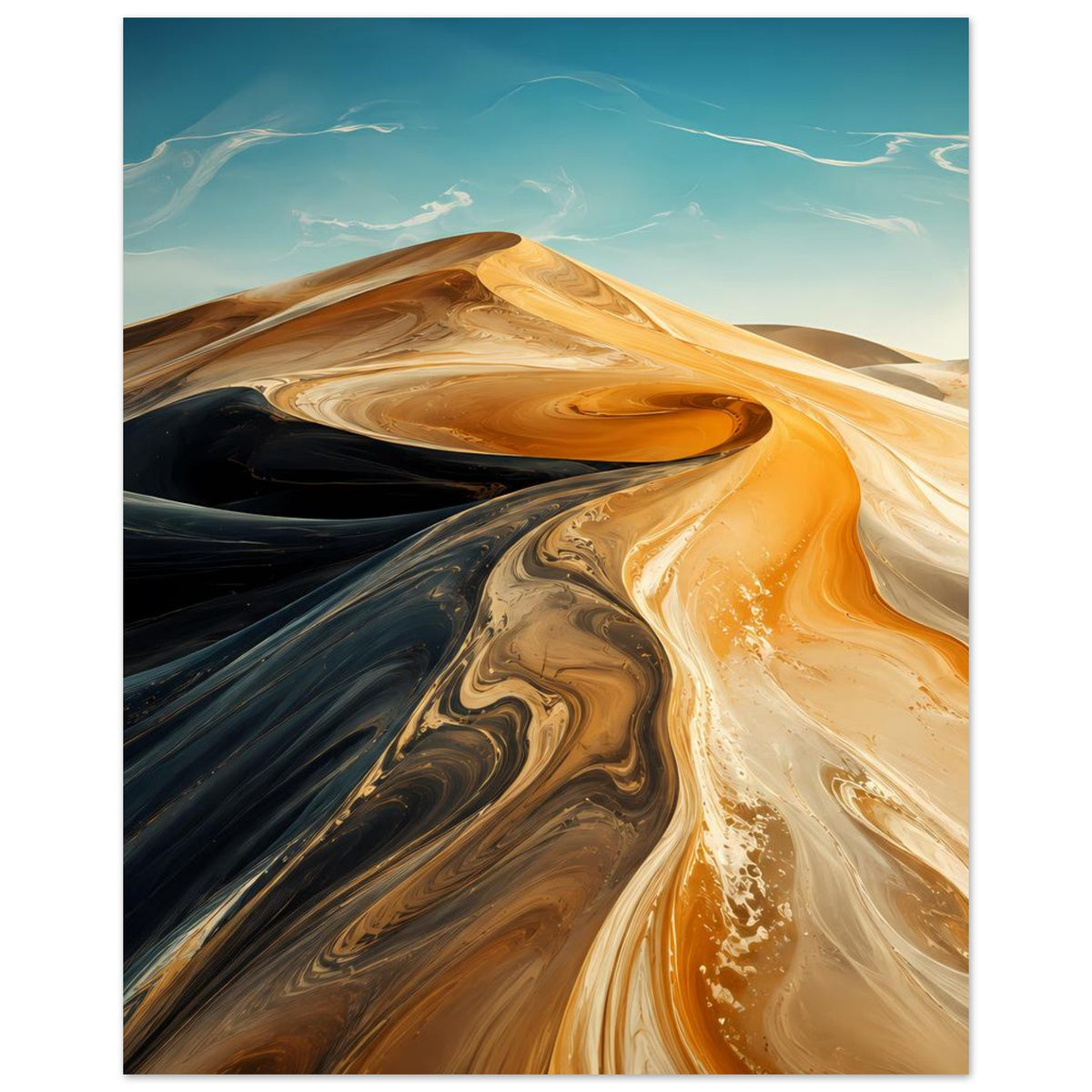Abstraktes Wüstenwellen-Poster im Hochformat mit goldenen und schwarzen Sandströmungen