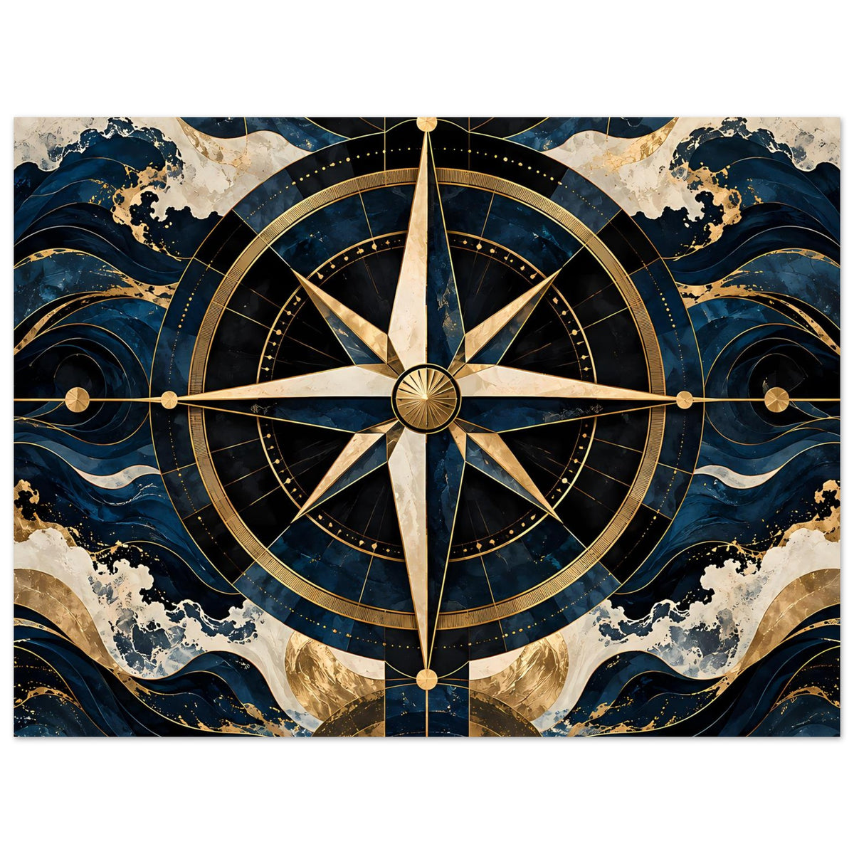 Maritimes Navigationsposter (horizontal): Kompassrose mit goldenen Markierungen, blau-beige