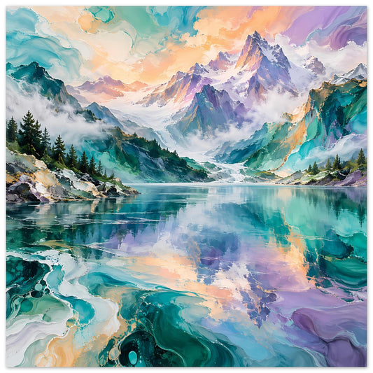 Landschafts-Posterdruck mit Bergsee, türkisfarbenem Wasser und violetten Bergen, hochglänzend