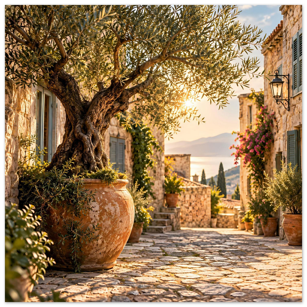 Mediterranes Zierposter mit Olivenbaum, Terrakotta-Gefäßen und verwinkelter Gasse