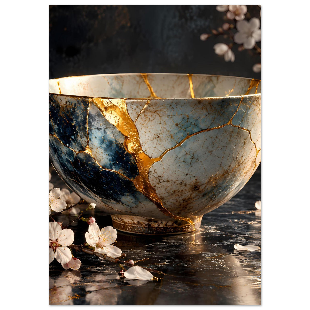 Kintsugi-Poster mit goldverzierter Keramikschale und Blüten