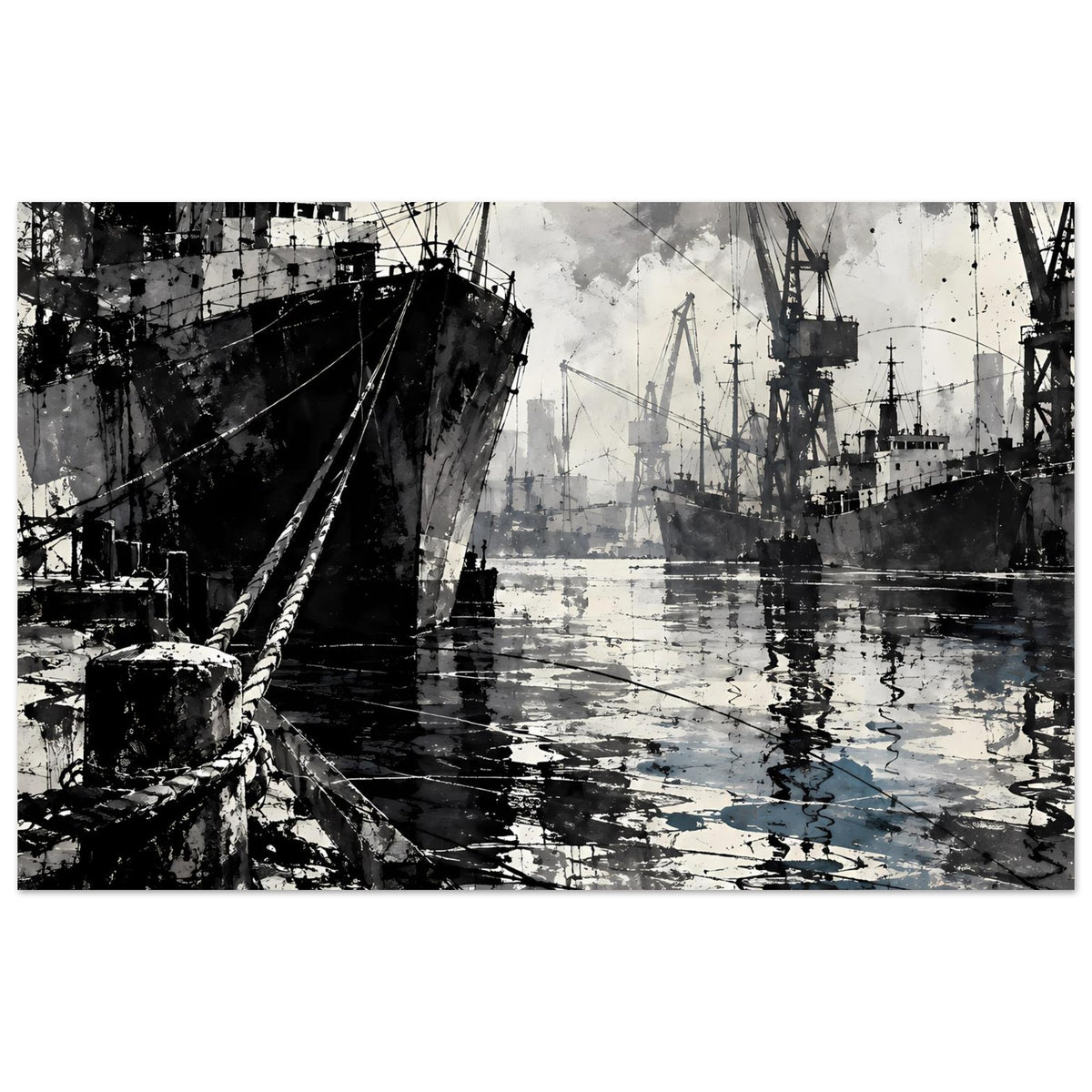 Hafenposter mit Frachtschiff, Hafenkränen und Spiegelungen im Wasser, schwarz-weiß