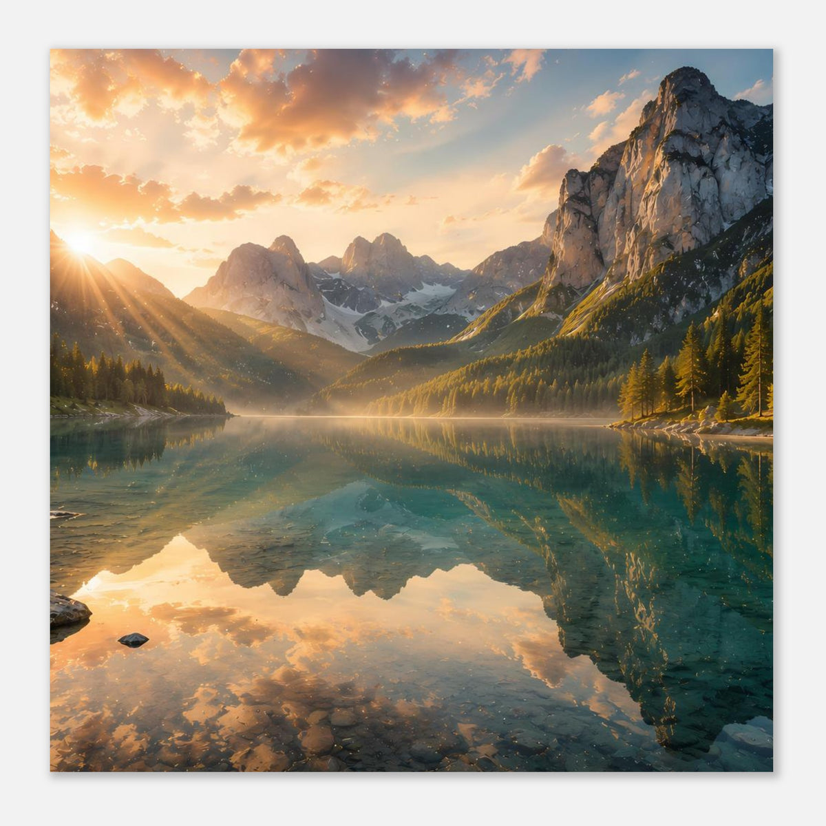 Kunstdruck mit Landschaft aus Bergsee, Felsen, Nadelbäumen und Sonnenaufgangsreflexion