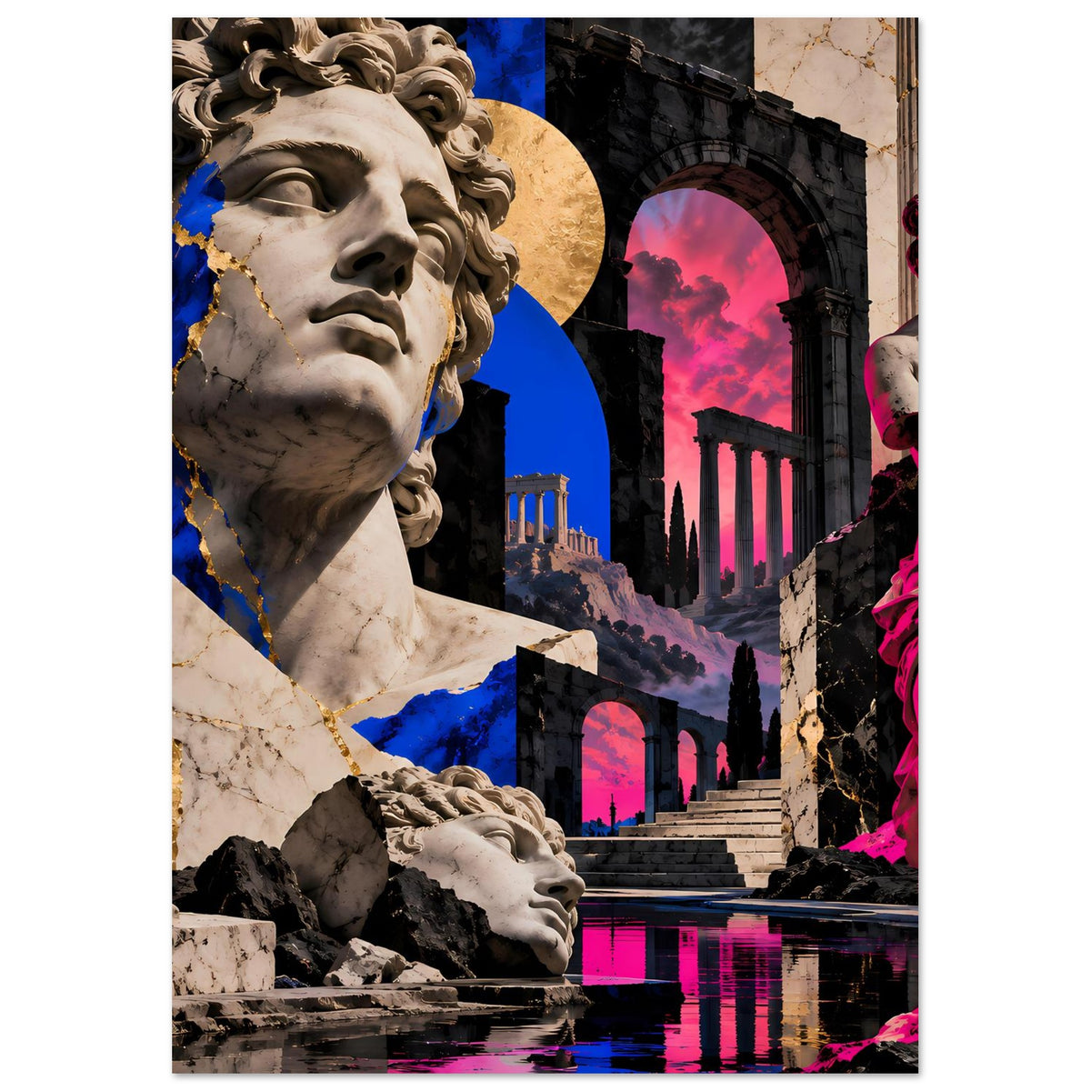 Kunstposter mit Marmorstatue links und rechteckiger Brunnen-/Bogenansicht, pinke Blauschattierung.