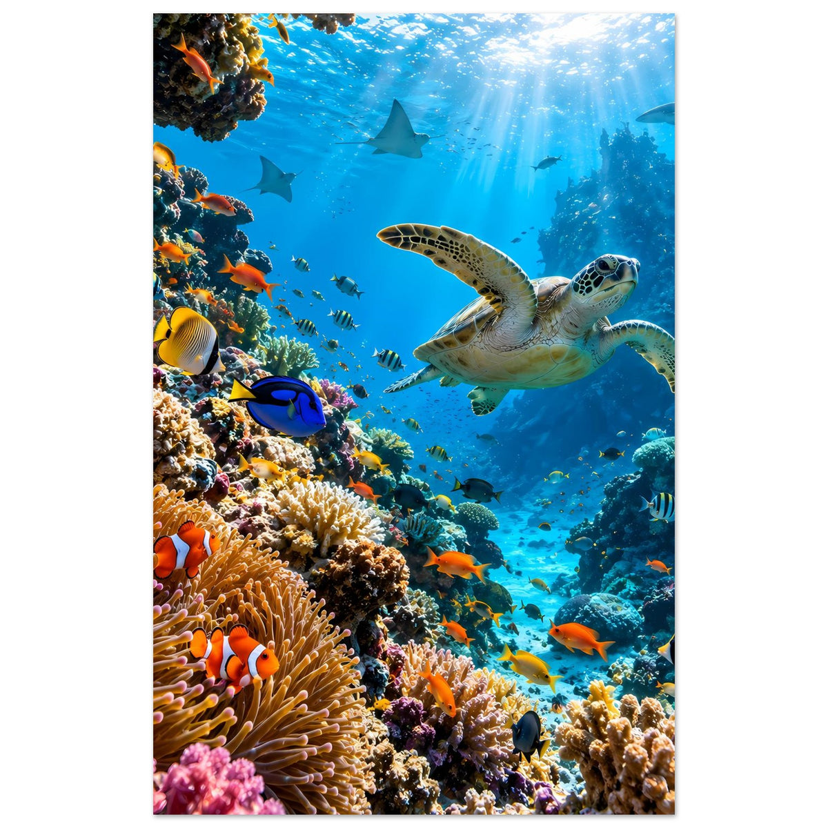 Korallenriff-Poster: Meeresschildkröte mittig, Strahlenlicht im Wasser, viele Fische