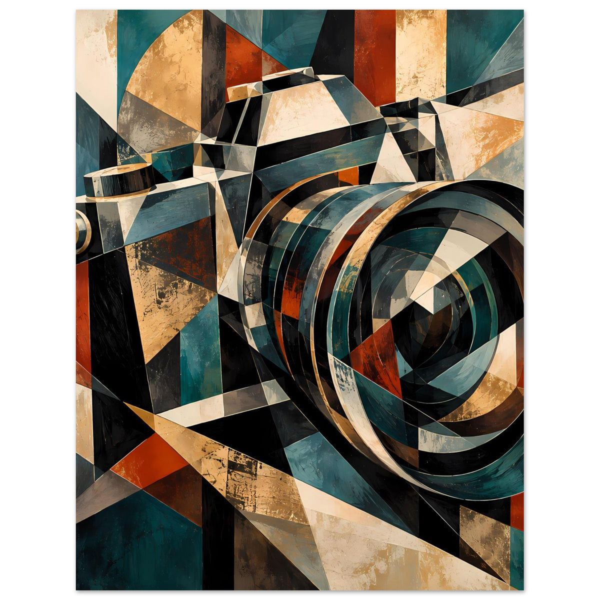 Geometrisches Kamera-Retroposter mit gebogenen Ringen, Dreiecken und Streifen in Petrol und Rost