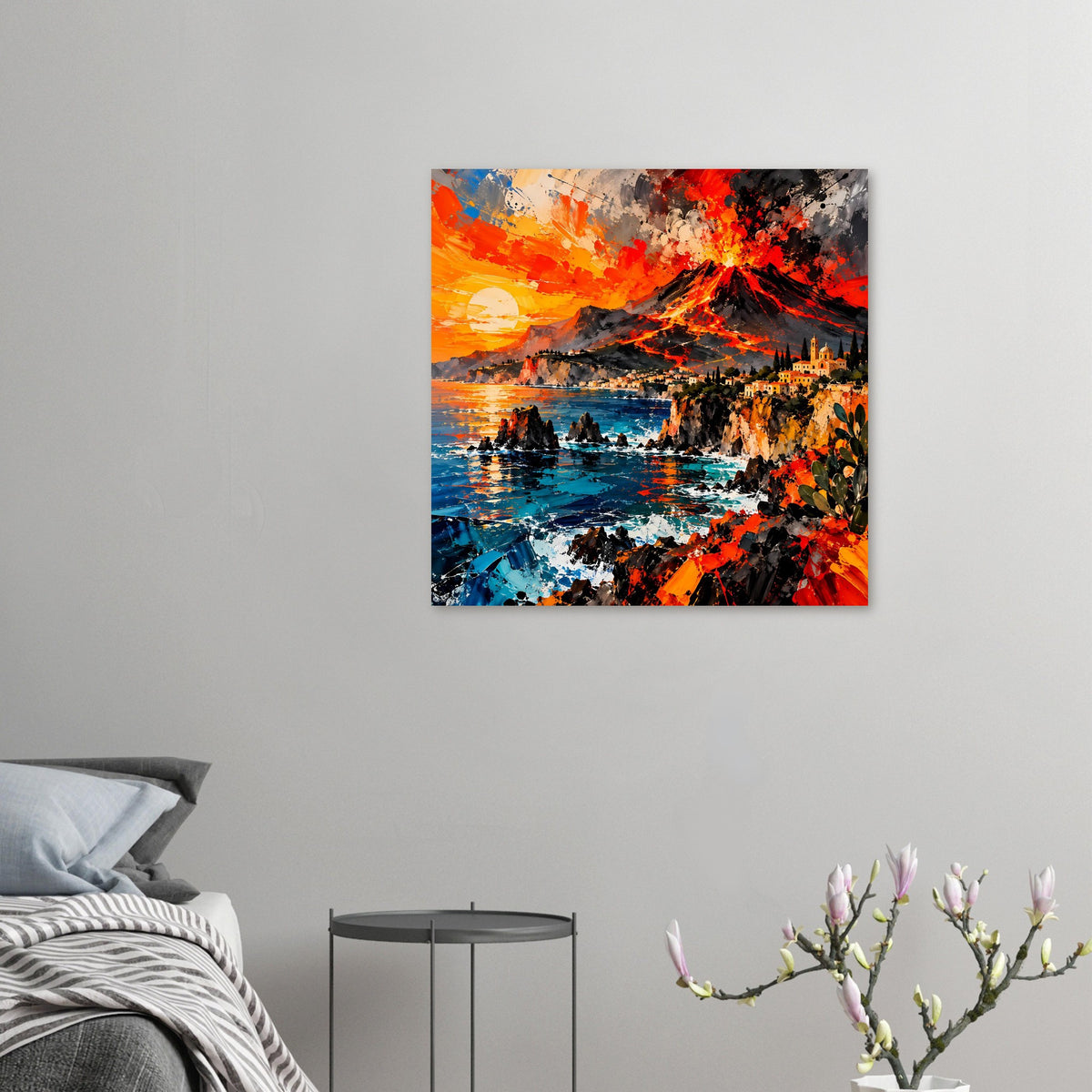 Deko-Poster im Detail: Vulkan, Lava und blaue See zwischen Felsen, mit roten Akzenten