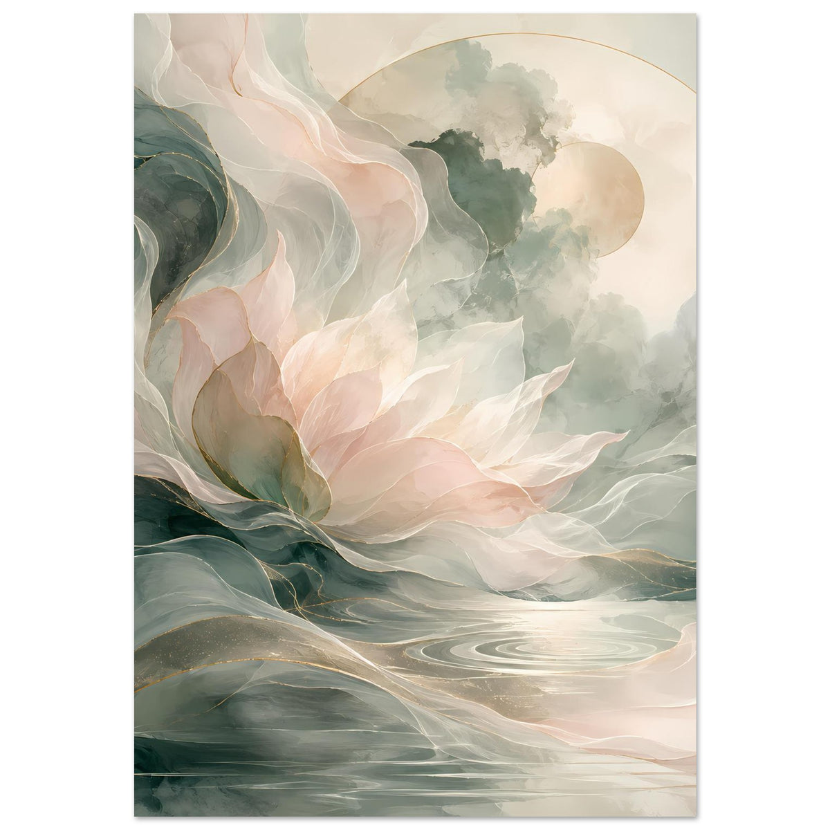 Florales Kunstposter mit gedrehten Blatt-Texturen, Pastellrosa, Petrolgrün und hellem Hintergrund