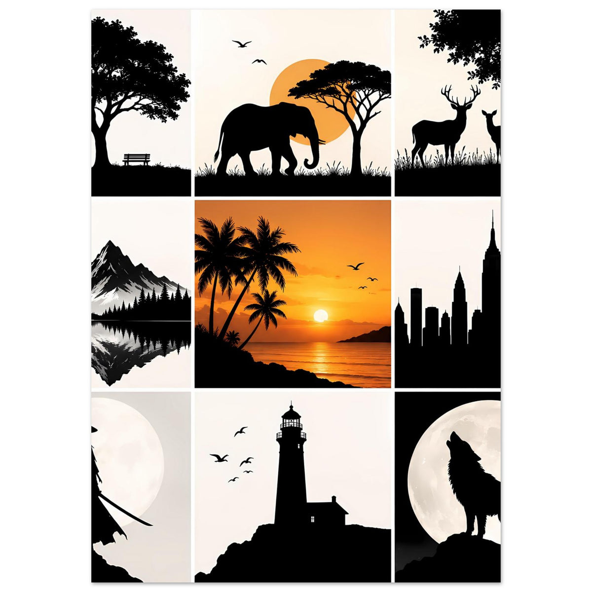 Kunstposter Collage aus Silhouetten: Elefant, Hirsche, Stadtbild, Leuchtturm und Mond