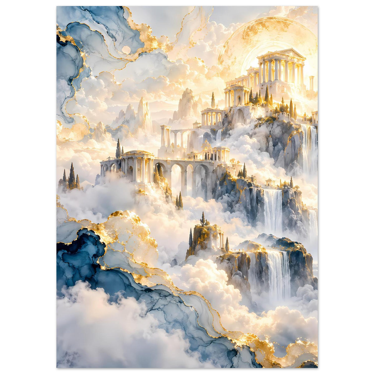 Kunstdruck-Poster: blaue Felsformationen mit goldenen Akzenten, Tempel, Wolken und Wasser