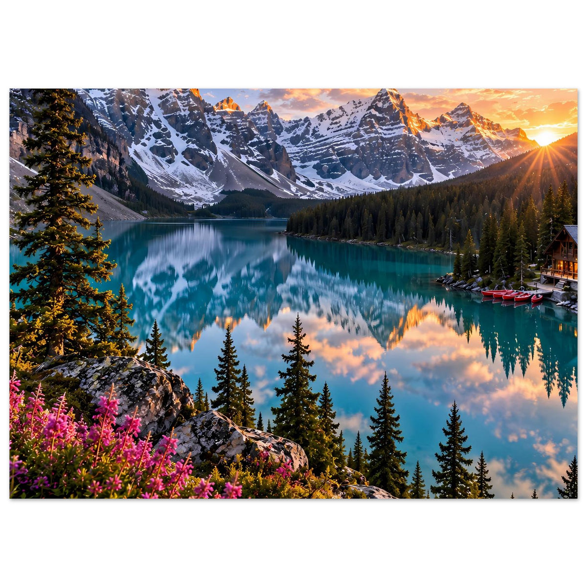 Wandposter mit Bergsee, schneebedeckten Alpen, türkisfarbenem Wasser und Nadelwäldern