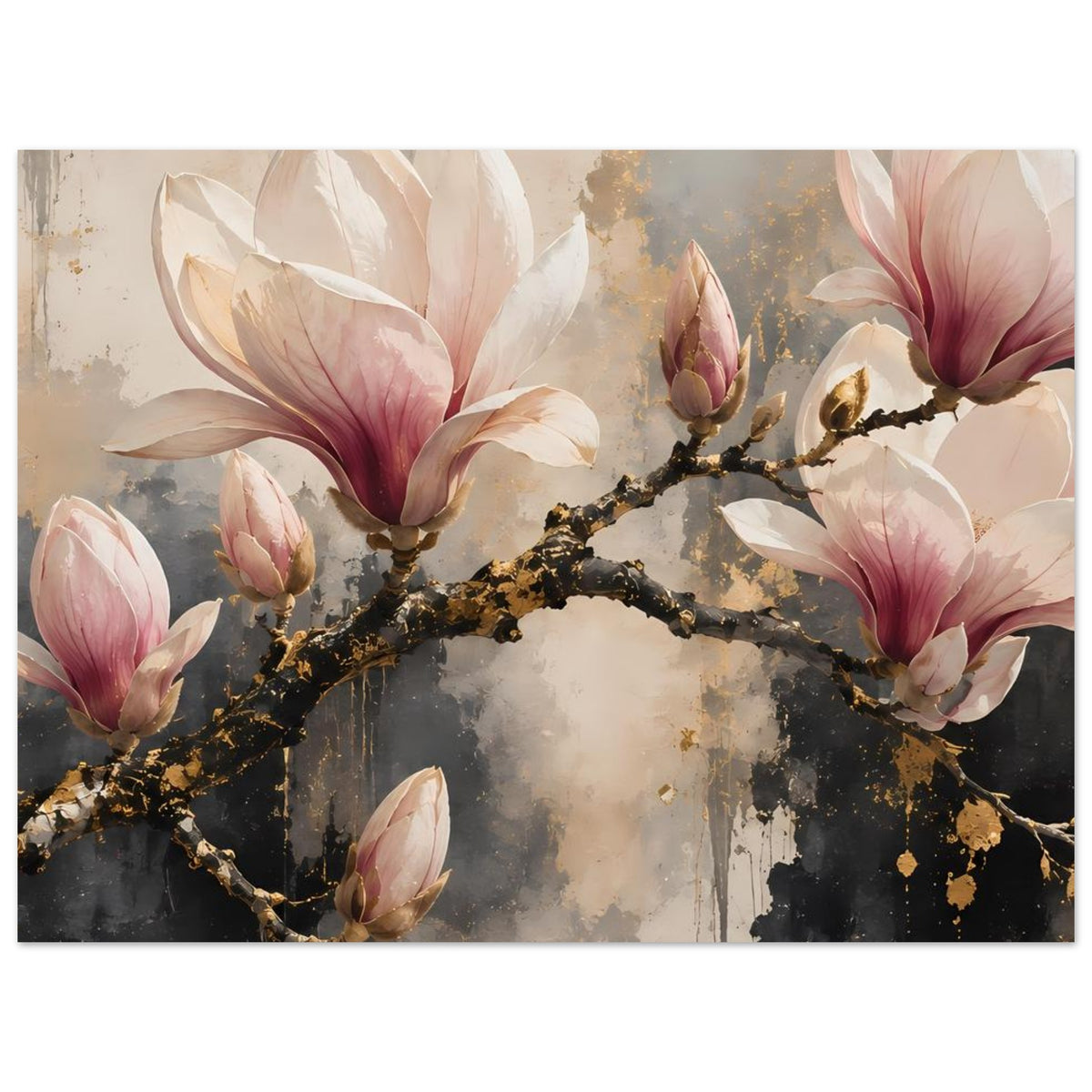 Breites Poster mit Magnolienblüten, goldfarbenem Ast und rosafarbenen Blütenkelchen