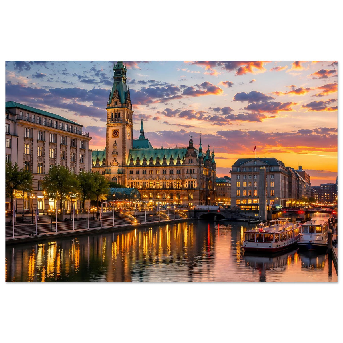 Stadtansichten-Plakat mit Domturm, Boot am rechten Rand und spiegelndem Fluss bei Sonnenuntergang