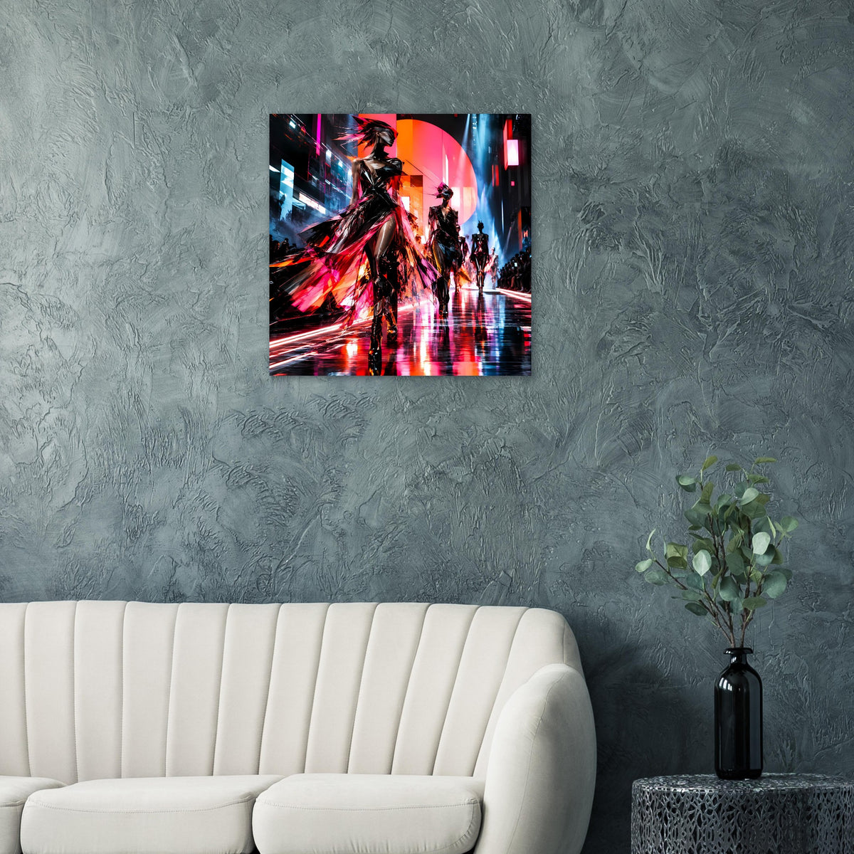Quadratisches Poster mit futuristischen Neon-Laufsteg-Silhouetten in Schwarz und Rot-Blau
