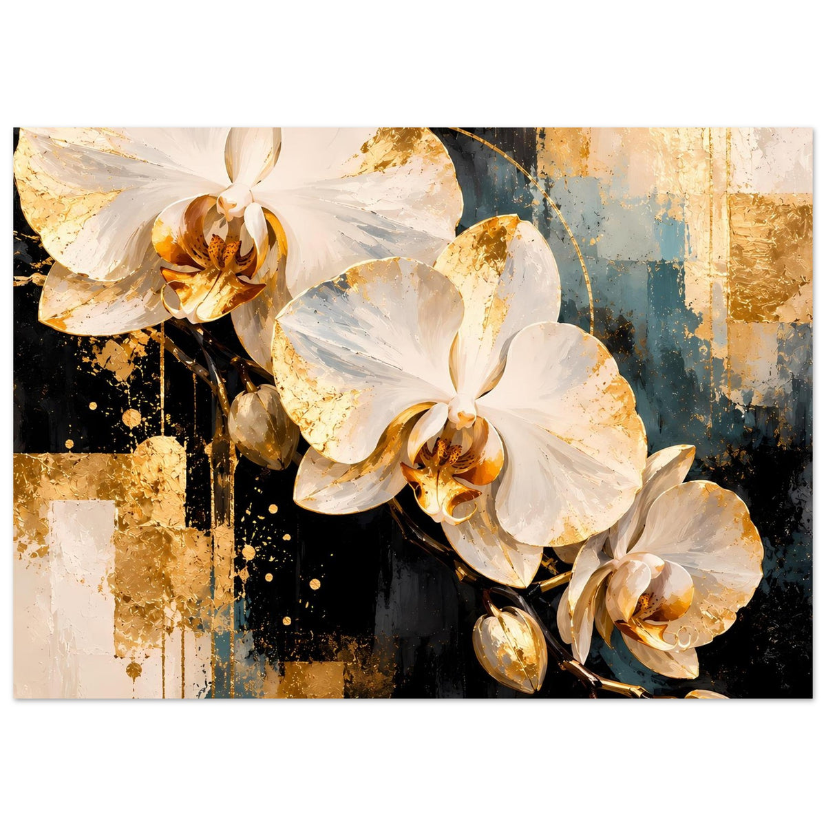 Poster mit weißen Orchideen, goldenen Kugeln und feinen Farbspritzern