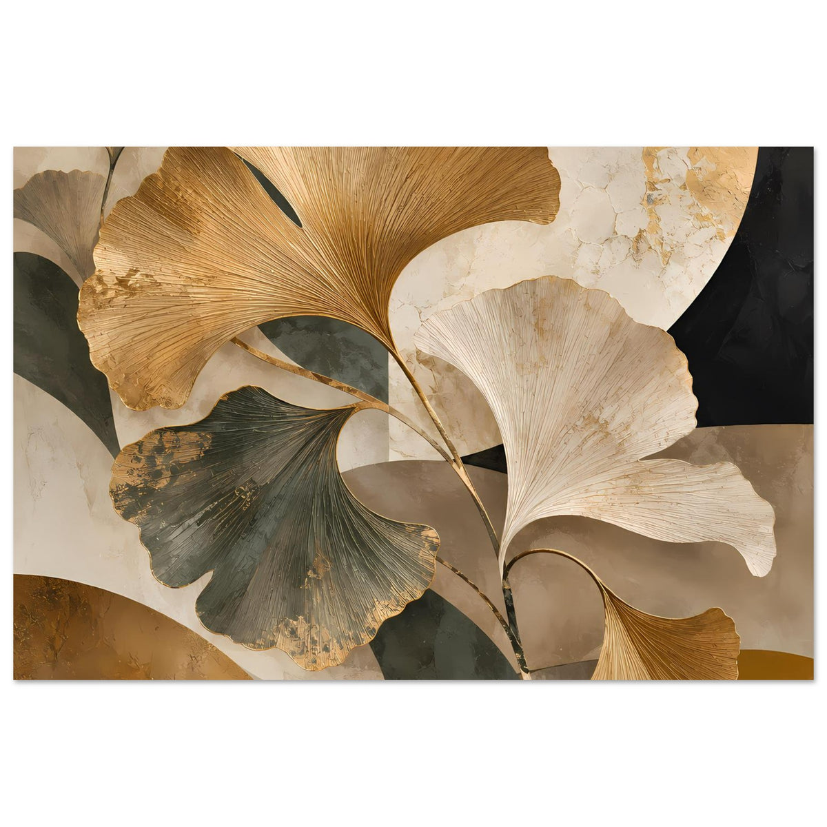 Botanisches Poster mit Ginkgo-Blättern in erdigen Goldtönen, vertikale Blattformen, horizontal