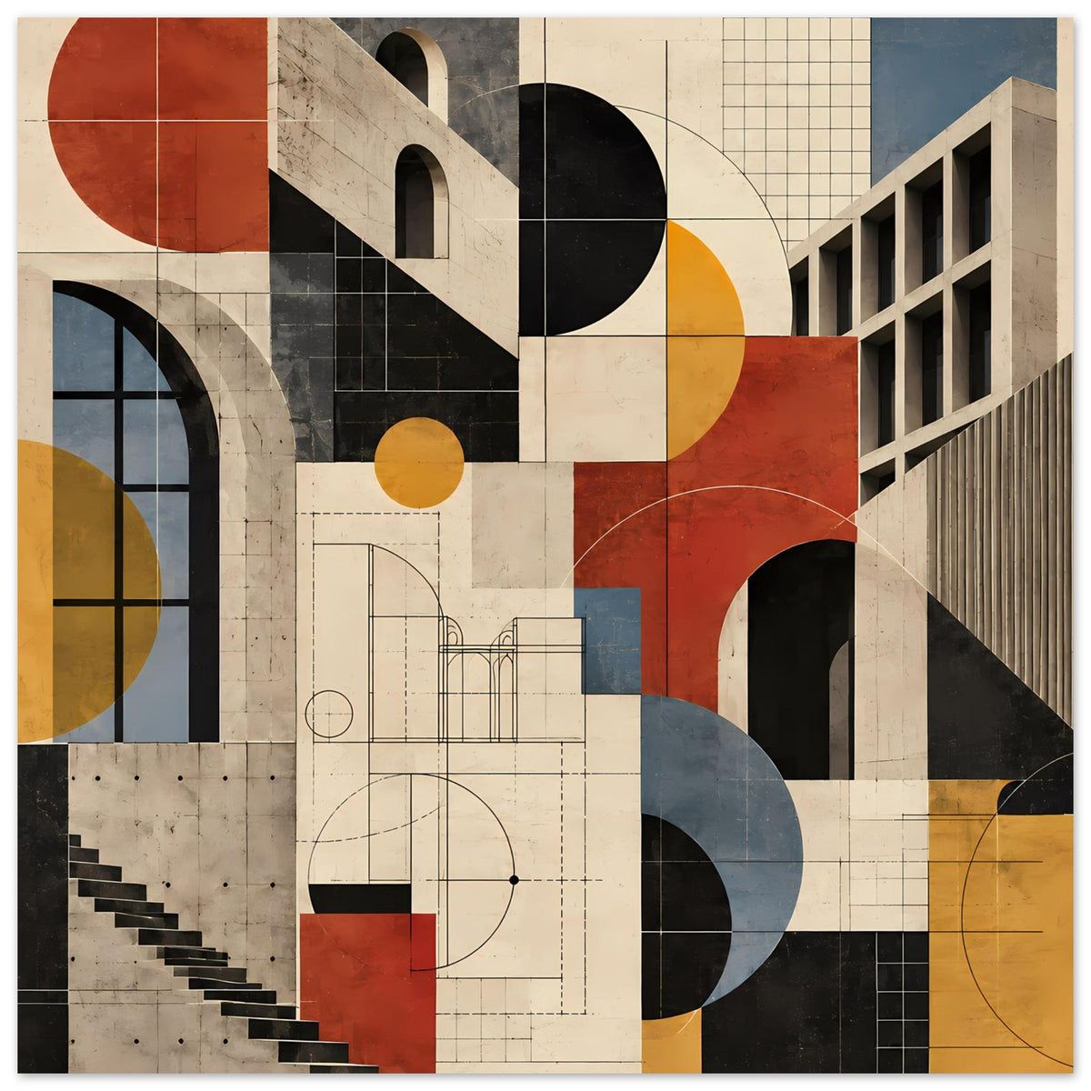 Kunstposter mit abstraktem Architekturdesign, Bögen und Kreise; Terrakotta, Blau und Beige