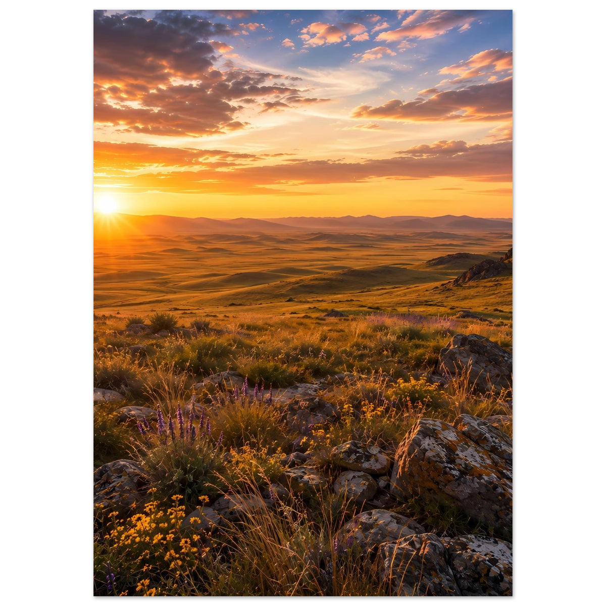 Vertikales Landschaftsposter mit Sonnenuntergang, goldenen Wiesen und violetten Wildblumen