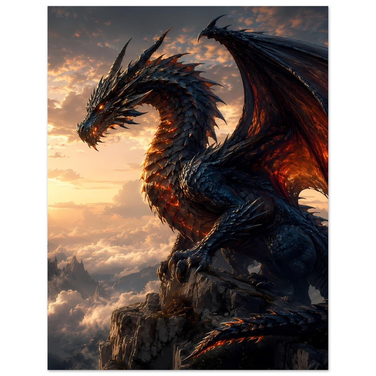 Fantasy-Poster im Hochformat: Drache mit leuchtend orange-rotem Rücken, klauen auf Felsbrocken