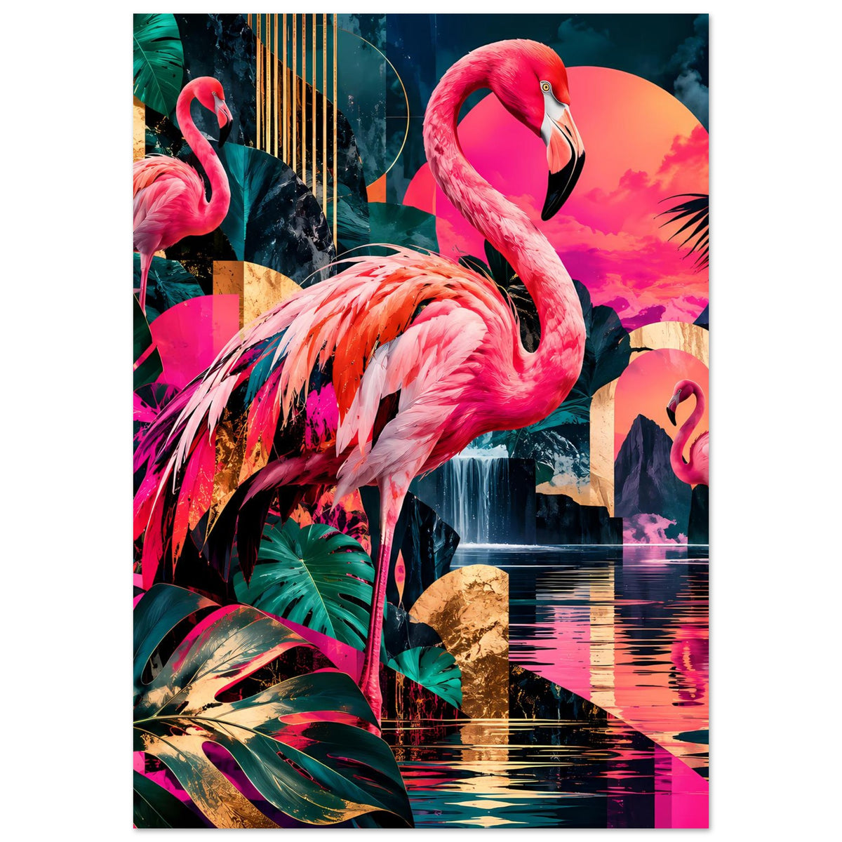 Flamingo-Poster mit zwei Flamingos, tropischen Blättern und Pinktönen, Hochformat