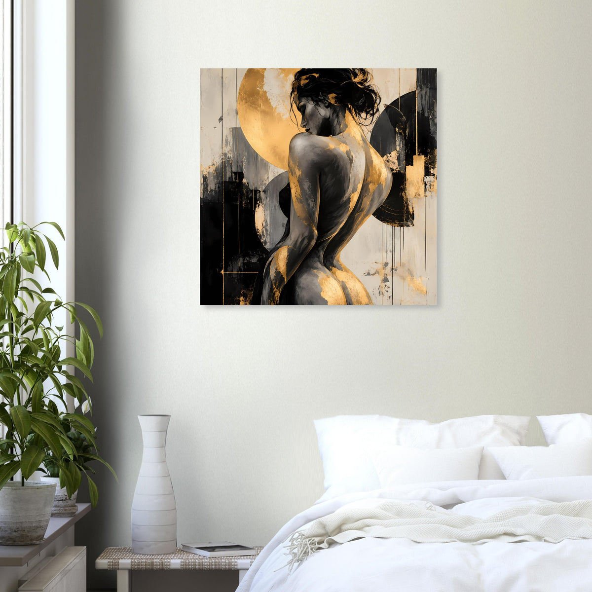 Poster mit abstrakter Aktdarstellung in Grau, Schwarz und Gold, mit gestempelten Texturen