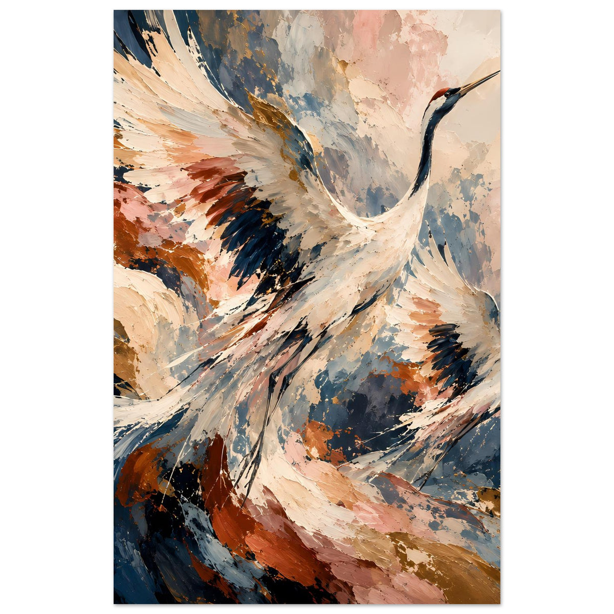 Poster mit fliegendem Kranich, abstrakte Pinselstrich-Optik in Beige, Blau, Rostbraun