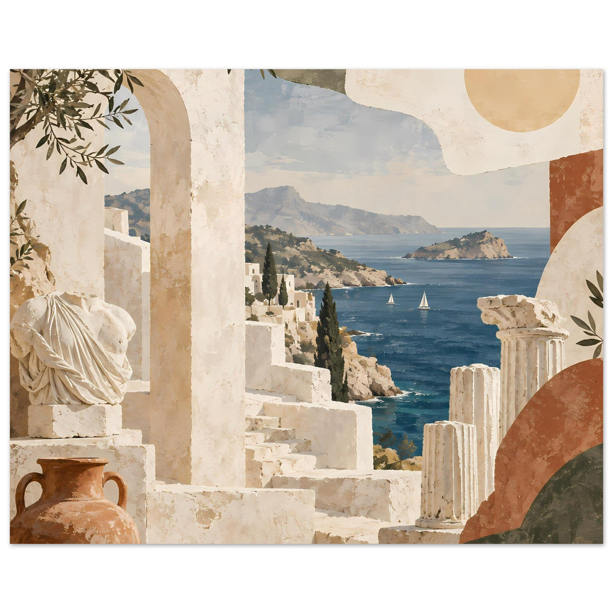 Urlaubs-Poster mit mediterraner Küste: helle Säulen, Steinstufen, Pflanzenzweig und Meer