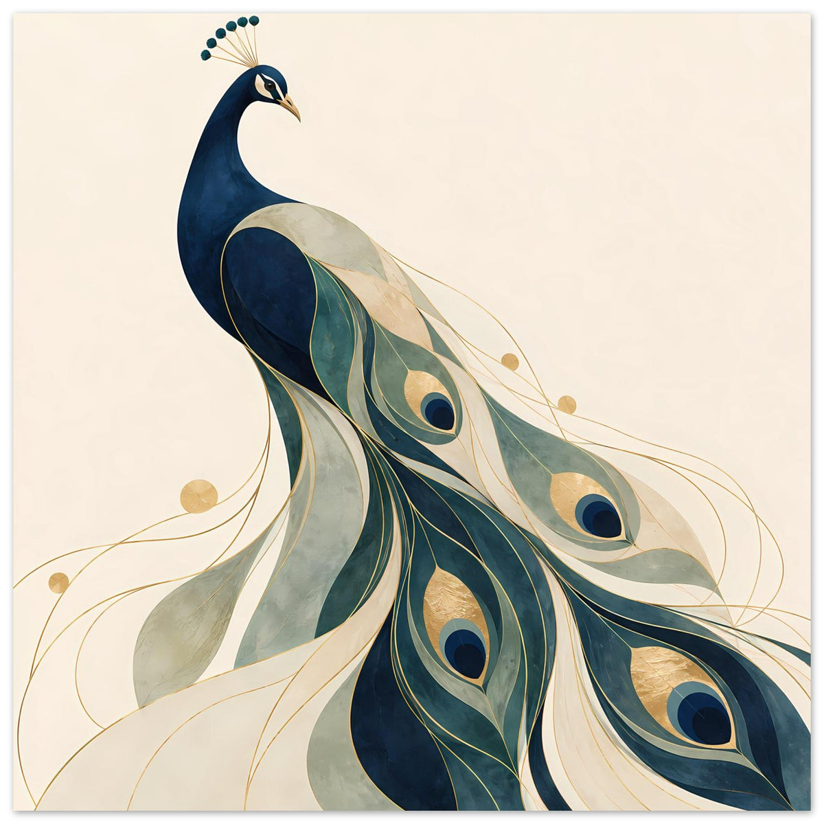 Hochformat-Poster mit Pfauenporträt und Augenmotiven in Blau, Grün und Gold