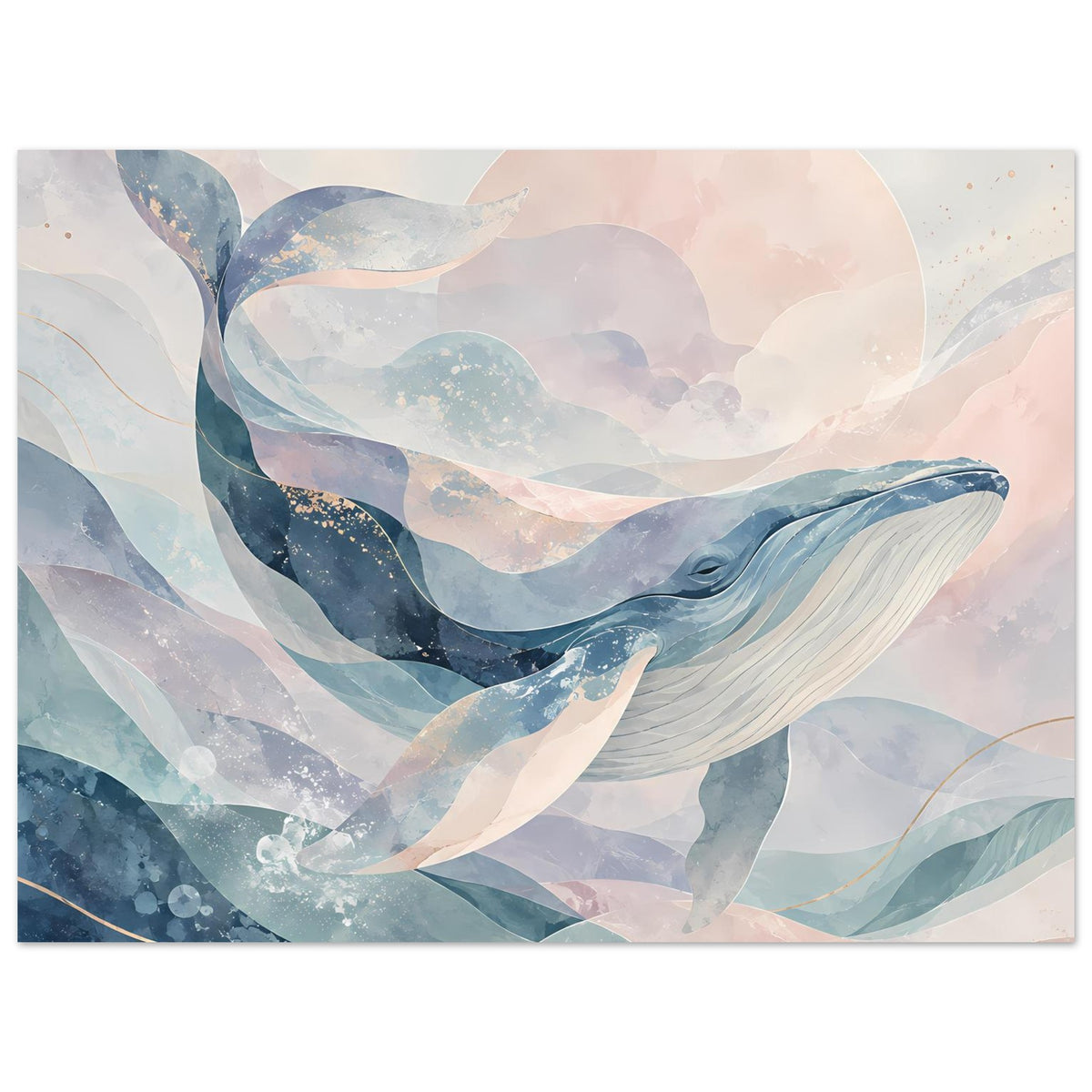 Wal-Kunstposter im Querformat: abstrakte Wellen, Pastellblau und zartes Rosa