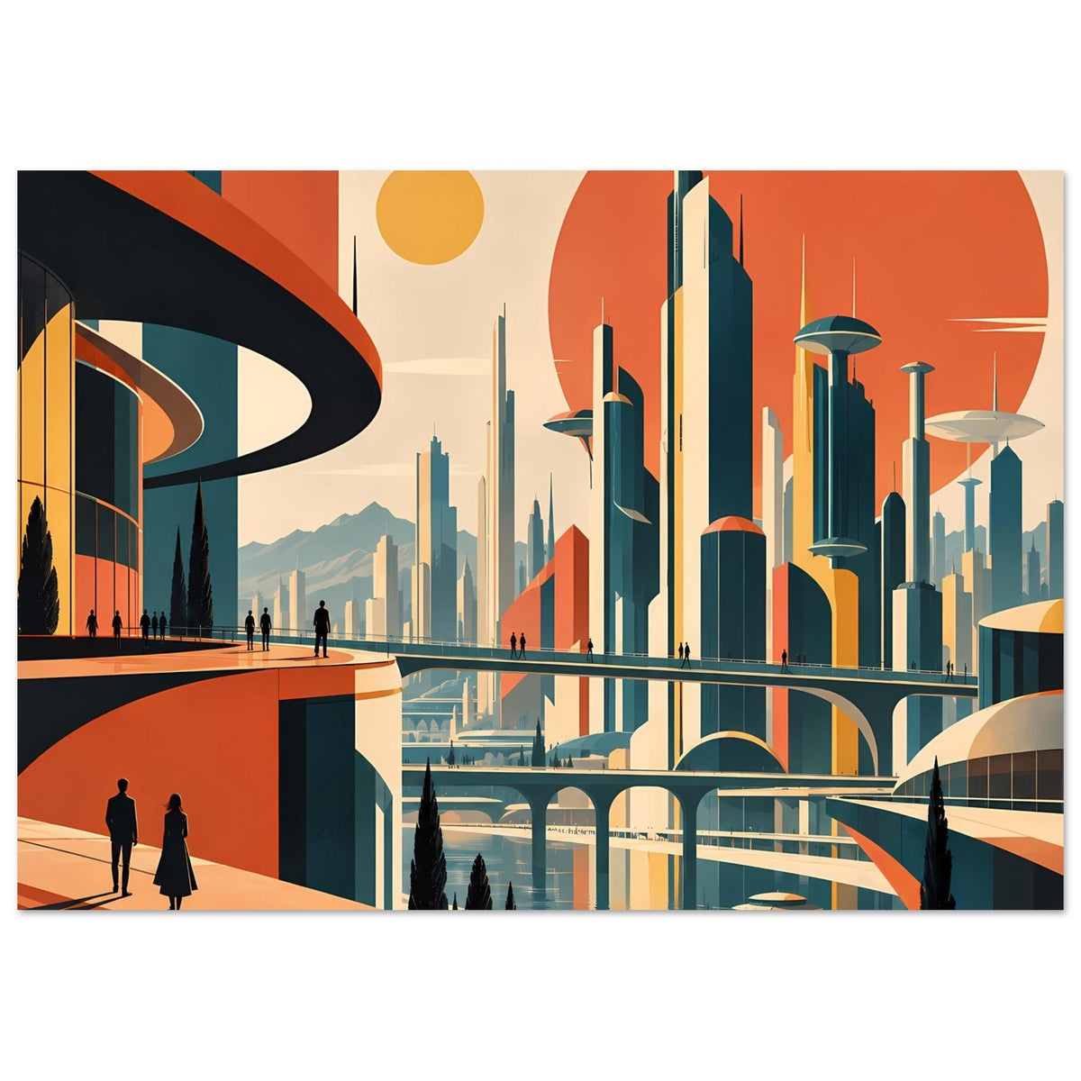 Horizontales Poster mit urbaner Sci-Fi-Szene: Skyline, gebogene Brücke, orangefarbene Hintergrunde