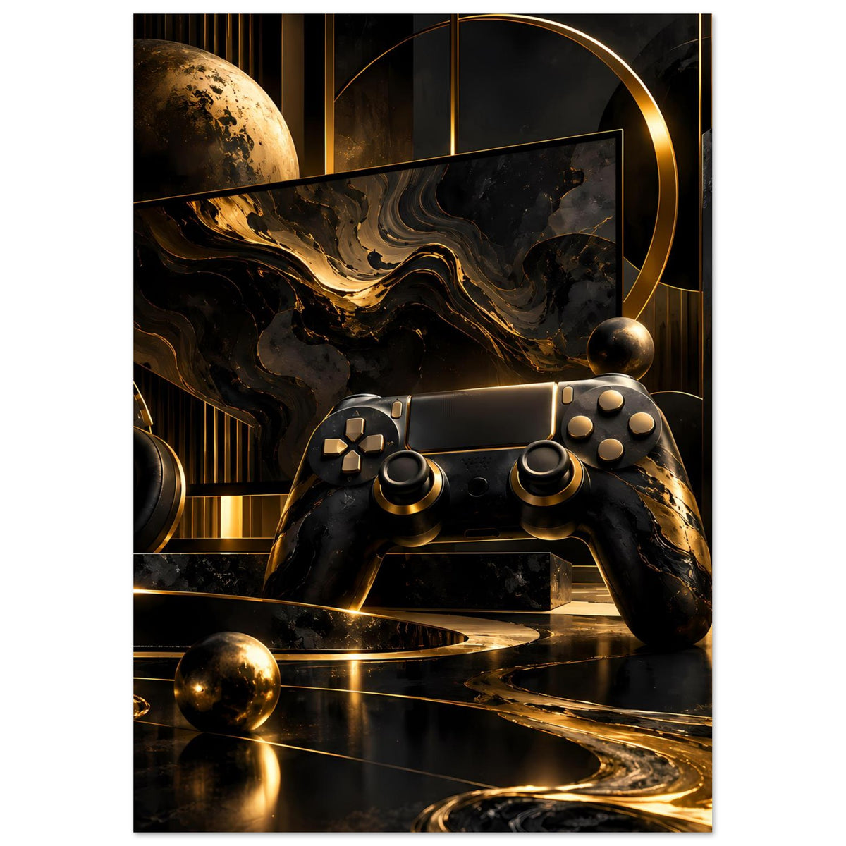 Gamingposter: Detail des Gamecontrollers in Schwarz & Gold, abstrakte Linien und Planet