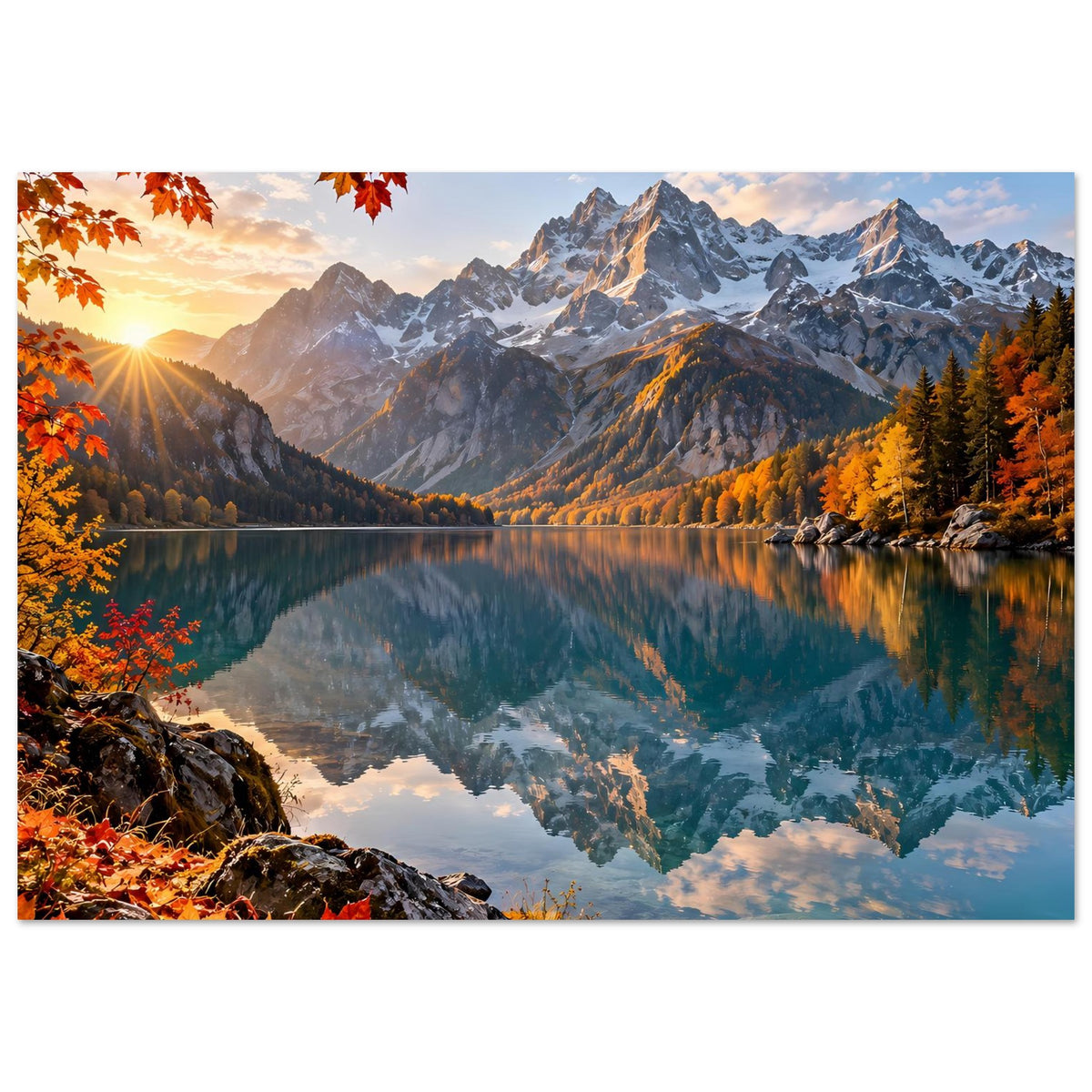 Wandposter im Querformat mit Bergkette, goldenem Uferwald und reflektierendem Wasser