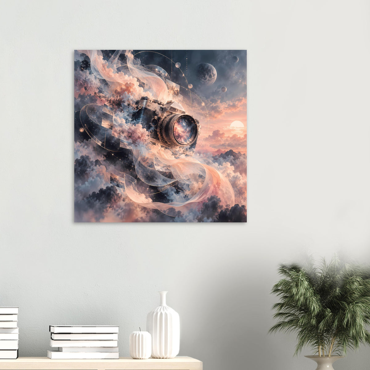 Kamera-Poster (Quadrat): Kamera-Illustration mit rosafarbenem Himmel und Bandspiralen