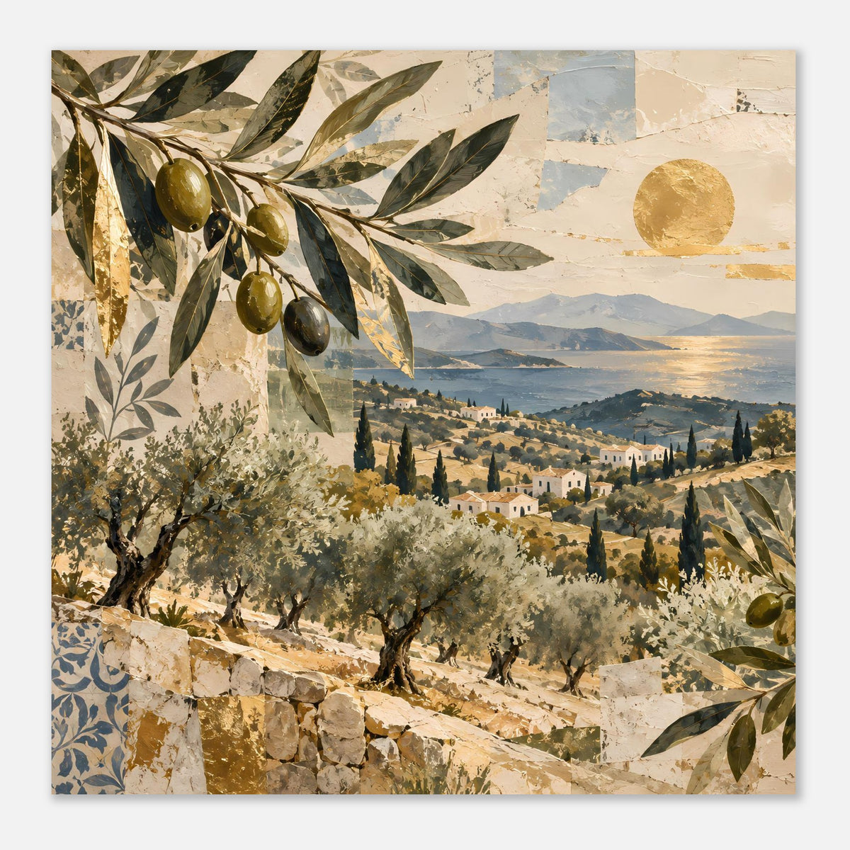 Mediterranes Olivenhain-Poster, nahansicht: Olivenzweige, Olivenbäume und mediterrane Landschaft
