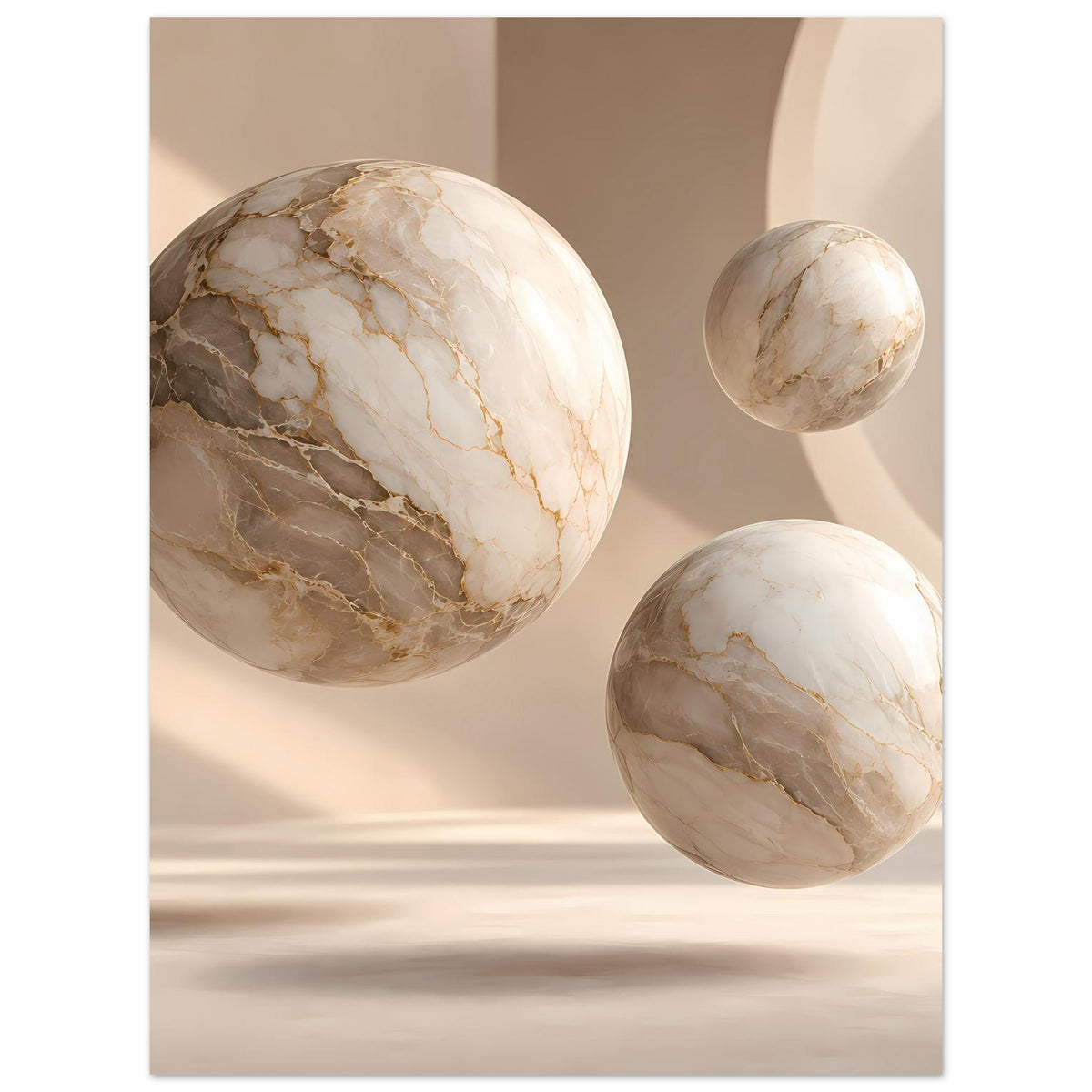 Wandposter mit Marmor-Kugelmotiv: große Kugel links, zwei kleinere Kugeln rechts