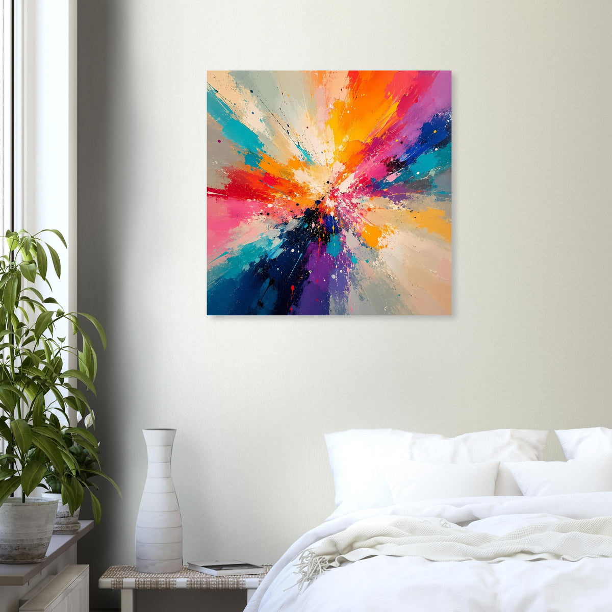 Quadratischer Kunstdruck mit dynamischem Strahlen-Motiv in Orange, Pink, Blau und Beige.