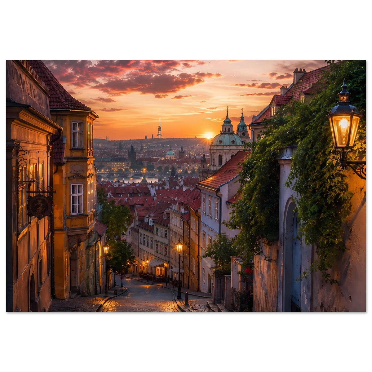 Horizontales Stadtlandschafts-Poster: Altstadtgasse mit Blick auf Prag, Laterne rechts im Bild.