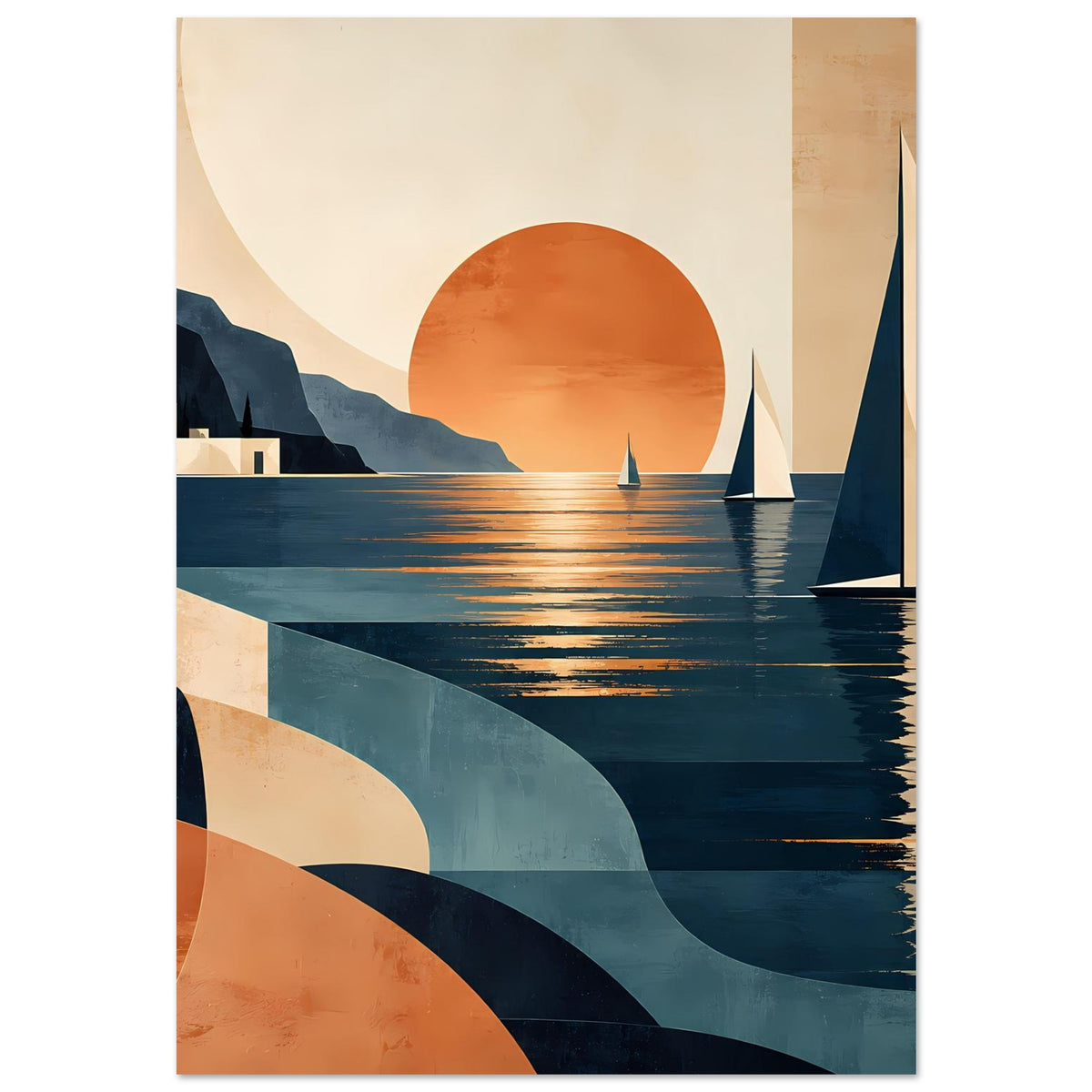 Poster (Hochformat): Sonnenuntergang über Wasser, Segelboote vor geometrischen Bögen