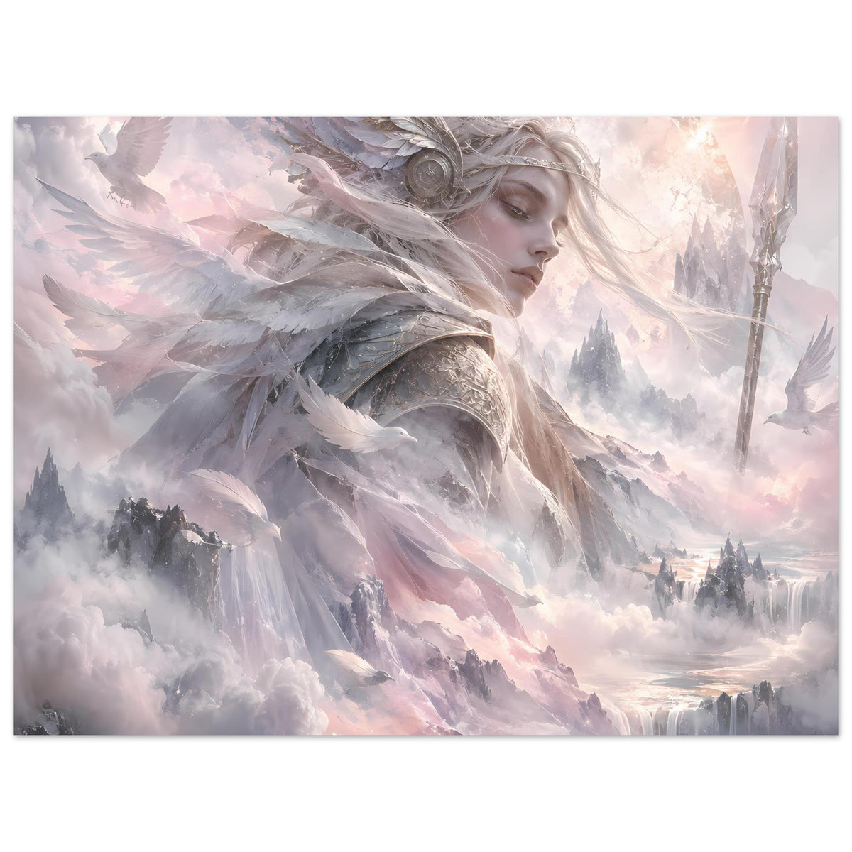 Fantasy-Poster mit Walküre und Federflügeln, Speer rechts, entfernte Berge im Dunst