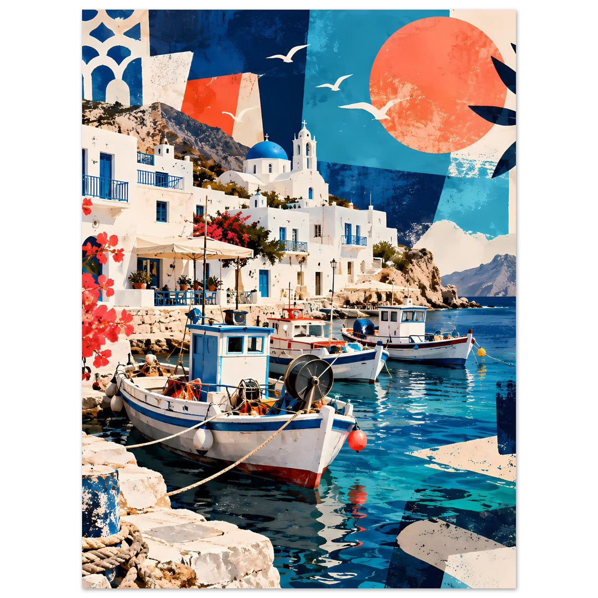 Posterdruck im Hochformat: Boot im Vordergrund, Küstenhäuser, türkisblaues Meer und Sonne
