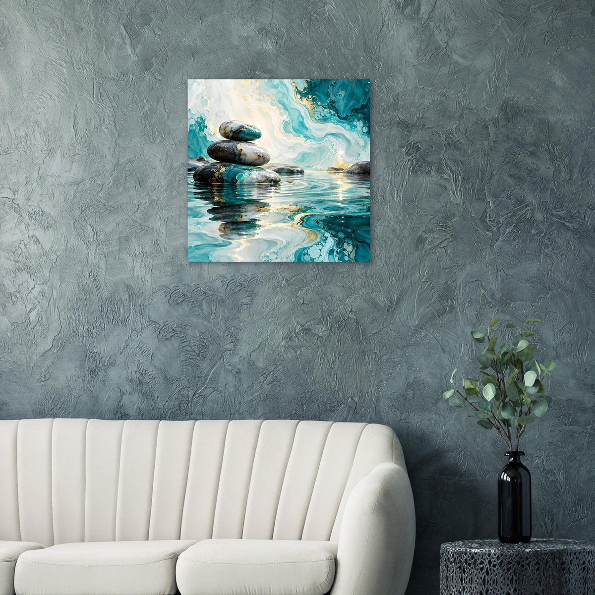 Zen-Poster mit gestapelten Steinen, türkisblauen Farbwirbeln und Spiegelungen im Wasser