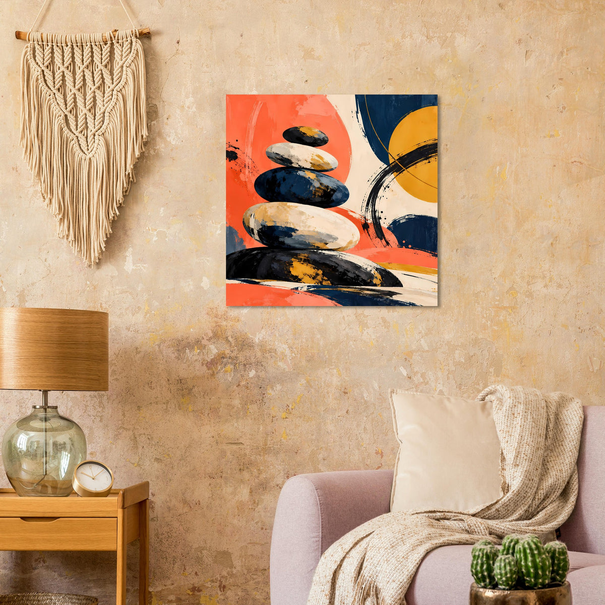 Rechteckiges Poster mit Steinturm-Motiv, kräftigen Orange- und Blauflächen mit Spritzern
