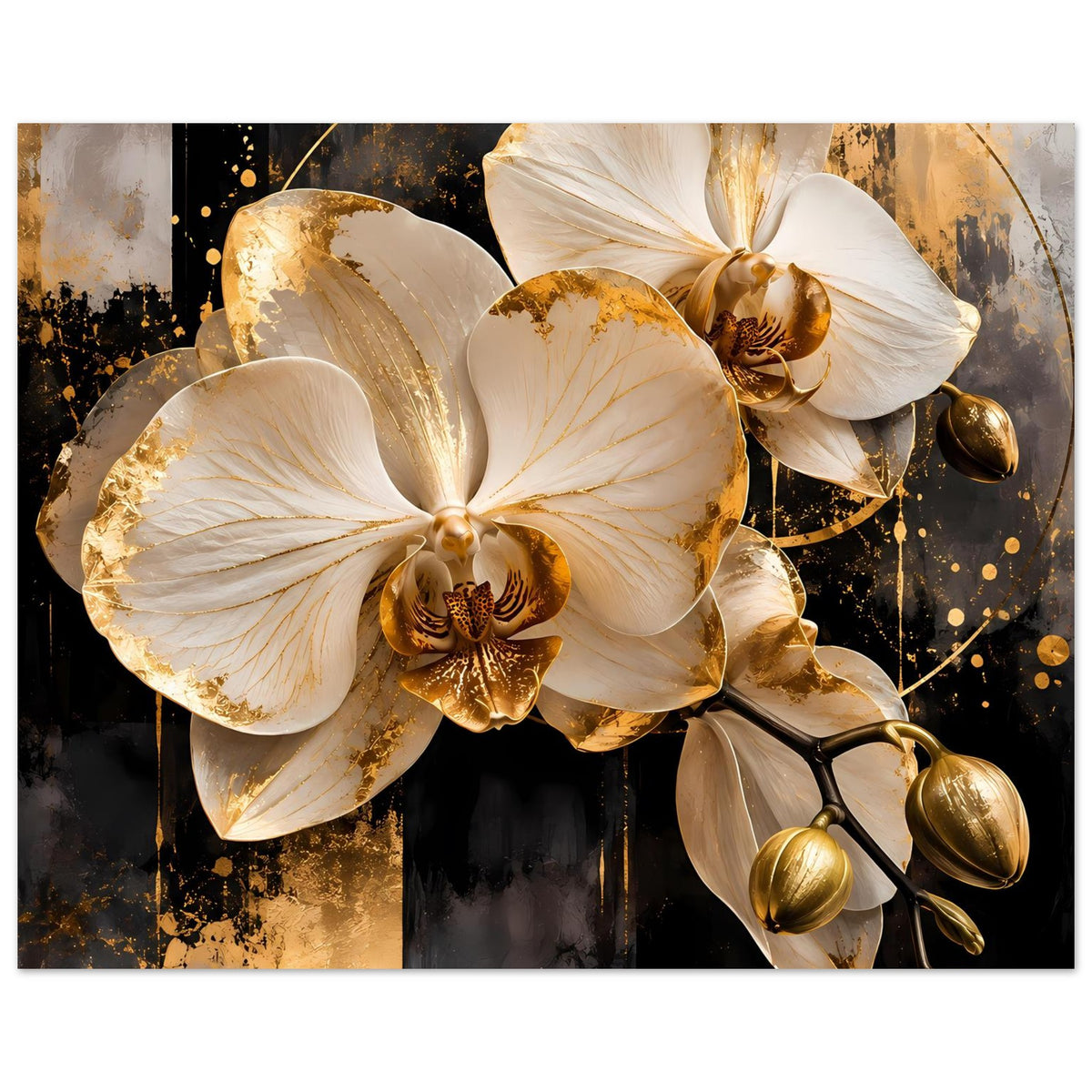 Orchideenposter mit weißen Blüten, goldfarbenen Kugelakzenten und abstrakten Linien