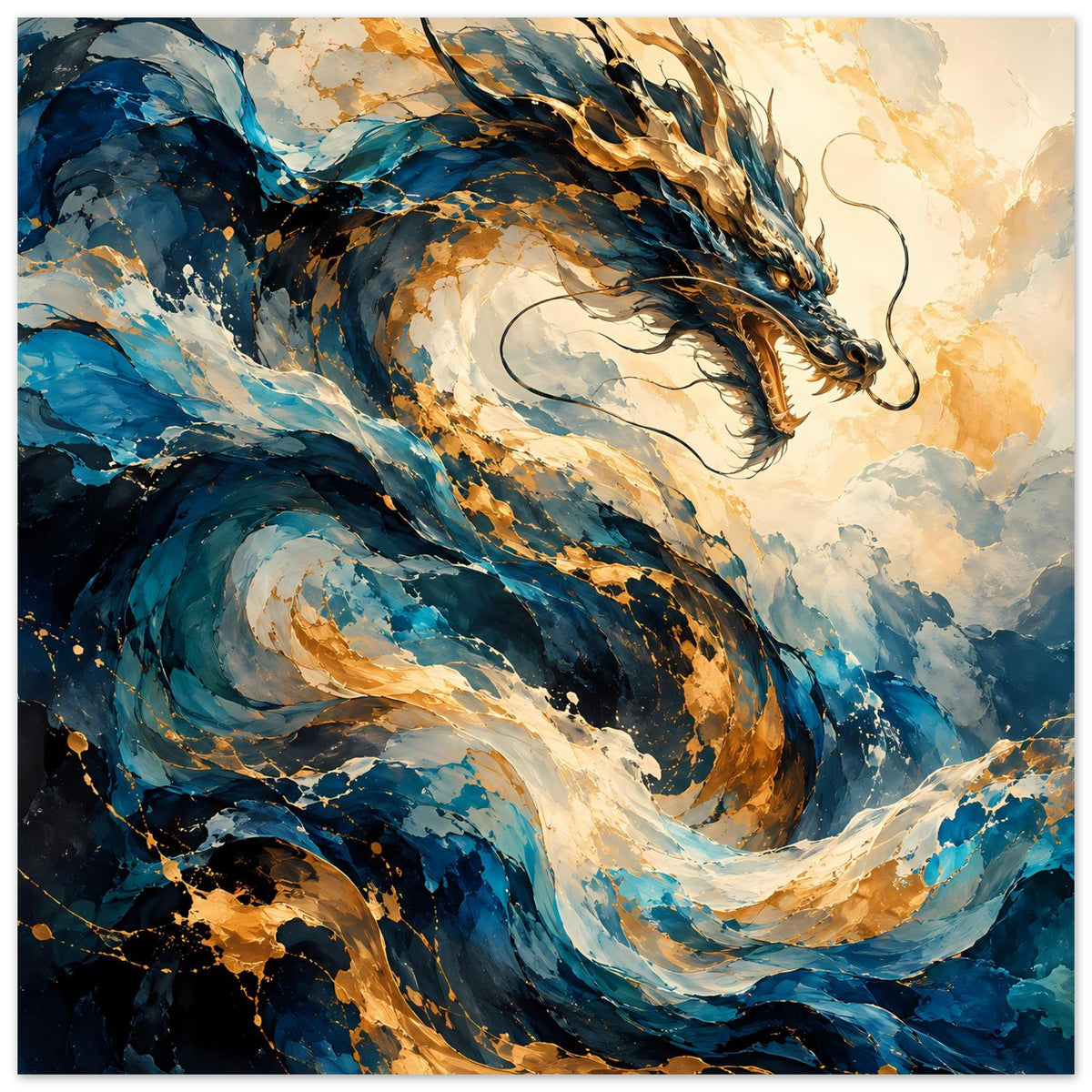 Fantasy-Poster mit großem Drachen in Blau und Gold, schräger Perspektive und Bewegung